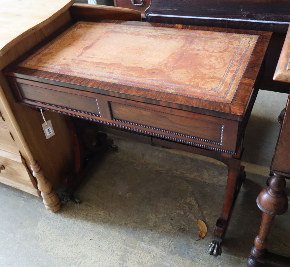 A Regency rosewood writing table, fitted end drawer, width 77cm depth 44cm height 73cm